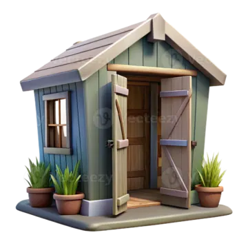 a small wooden shed with potted plants