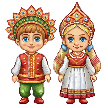 a pixel art of two people in traditional costumes