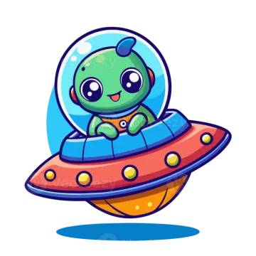 a green alien in an orange spaceship with a blue ring around his neck