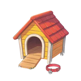 a wooden dog house with a red roof
