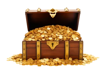 a wooden chest filled with gold coins