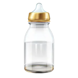 a glass baby bottle with a gold lid