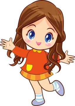 a little girl with long brown hair and blue eyes, wearing a red shirt, orange skirt and white socks