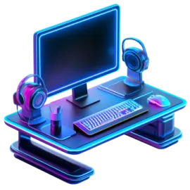 a computer with headphones on top of it