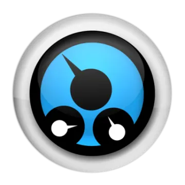 a blue and black button with two eyes