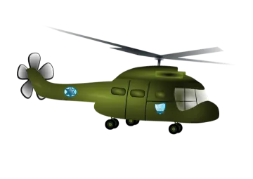 a green helicopter is flying in the air
