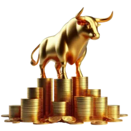 a bull standing on top of stacks of coins