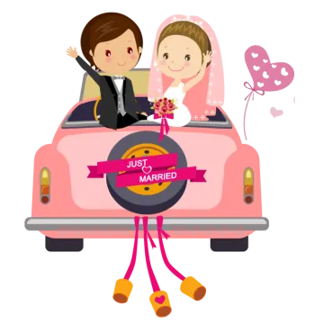 a bride and groom in the back of a pink car