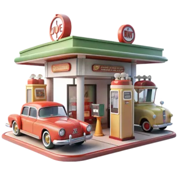 a toy car is parked in front of a gas station