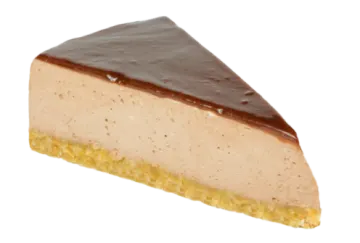a piece of cheesecake with chocolate on top