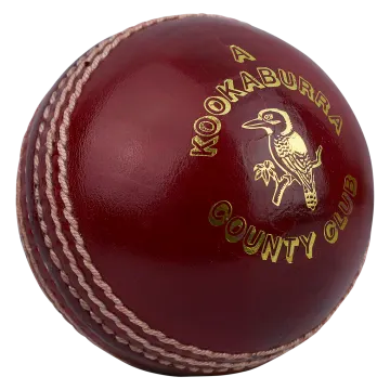 a red leather cricket ball with a gold logo on it