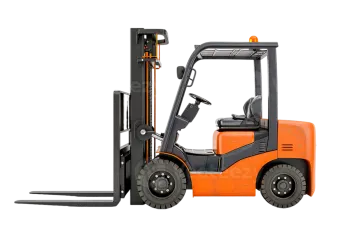 an orange fork truck with a white background