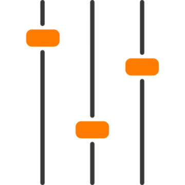 a black and white icon with orange dots