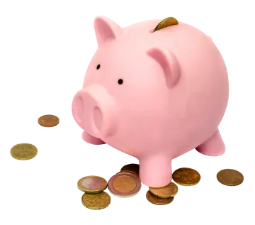 a pink piggy sitting on top of coins