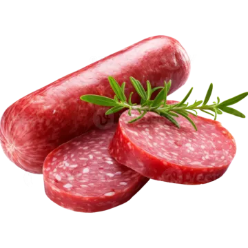 sliced sausages with rosemary on a white background