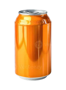 a can of orange soda on a white background