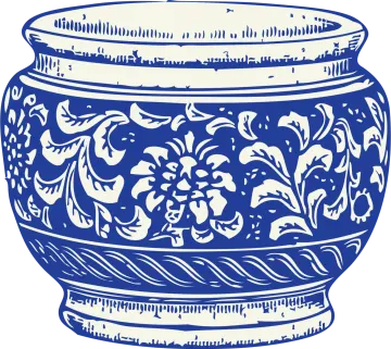 a blue and white flower pot