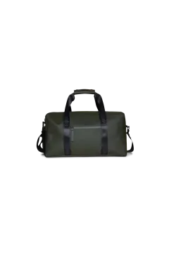 a green duff bag with black straps