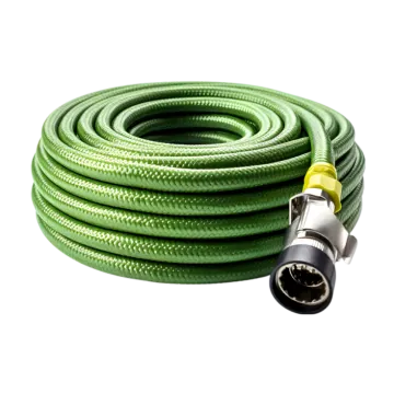 a green garden hose on a white background