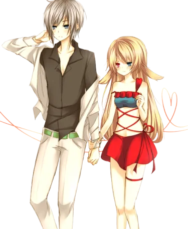 two anime characters, one in a red dress and the other in a white shirt