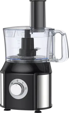 a black and silver food processor on a white background