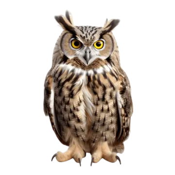 an owl with yellow eyes sitting on a white background