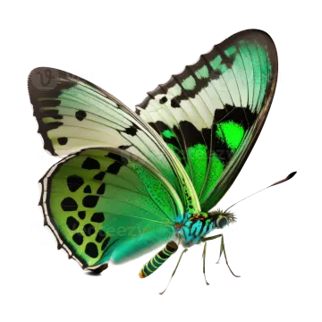 a green and black butterfly on a white background