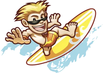 a cartoon boy surfing on a surfboard