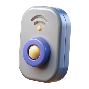 a blue and yellow button on a white background