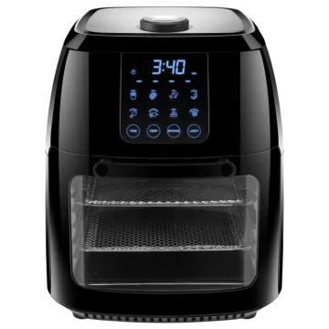 a black air fryer on a white background