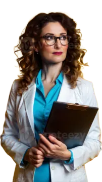 a woman in a lab coat holding a clipboard