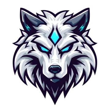 the head of a wolf with blue eyes on a white background