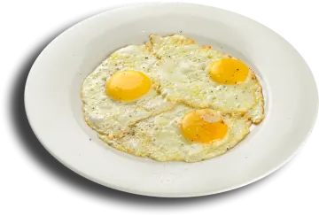 a white plate with two fried eggs on it