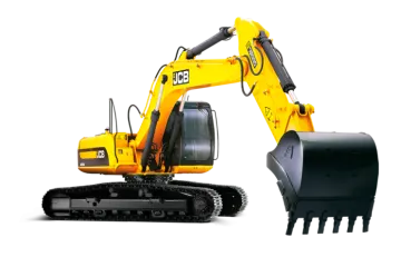 a yellow and black construction vehicle with a shovel