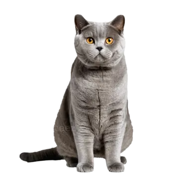a grey cat sitting down and looking at the camera