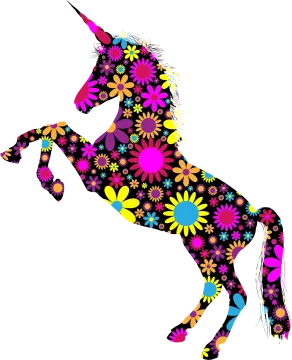 a silhouette of a unicorn with flowers and butterflies