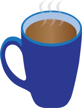 a blue coffee cup with steam coming out
