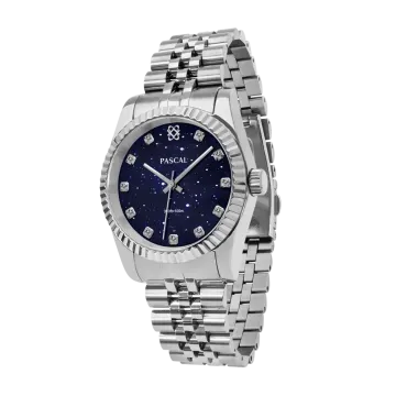 a stainless steel watch with blue dial