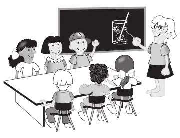 a group of children sitting at a table in front of a blackboard