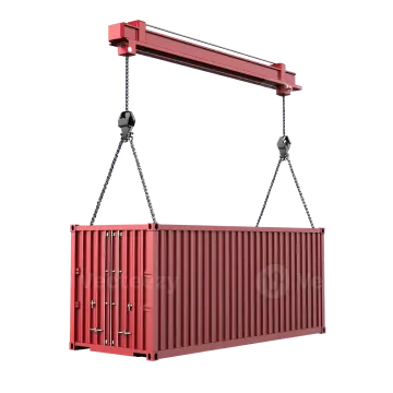 a red shipping container being lifted by a crane