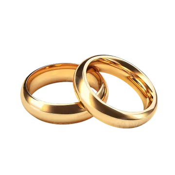 two gold wedding rings on a white background