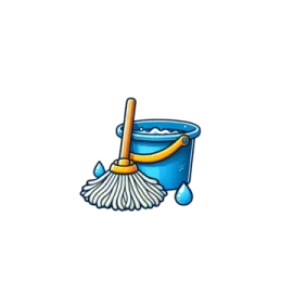 a blue bucket and broom with a white background