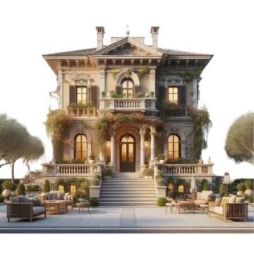 a large house with lots of plants on the front