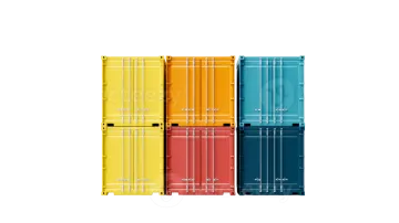 a set of four different colored shipping containers