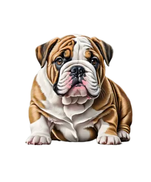 a brown and white dog laying down on the ground