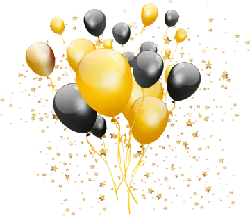 a bunch of black and gold balloons