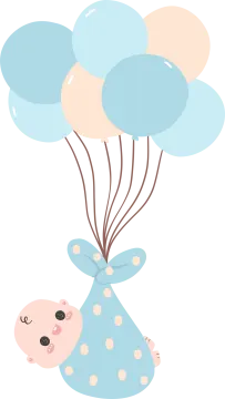 a baby bear holding balloons in the air