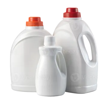 two white plastic jugs with red caps