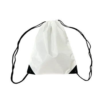 a white drawsack bag with black straps