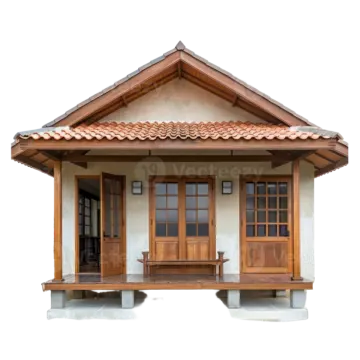 a small house with a wooden porch and tiled roof